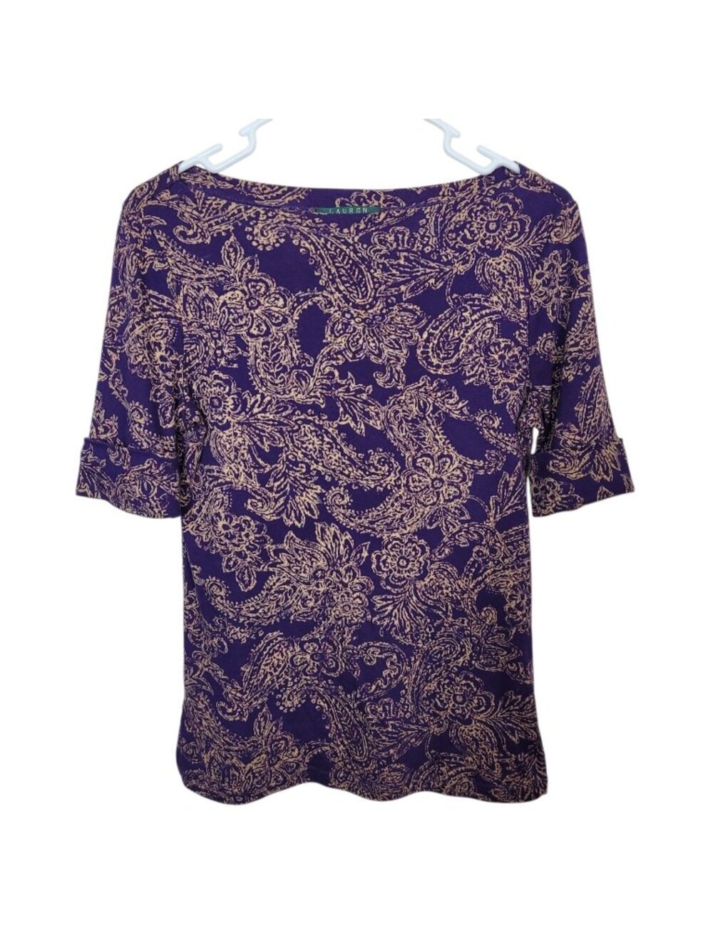 Lauren Ralph Lauren Purple Paisley Short Sleeve T-Shirt 100% Cotton Boat Neck Sm